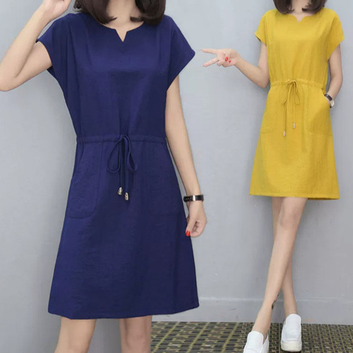 2025 Summer Plus Size Korean Style Loose T-shirt Dress with Drawstring V-neck Slimming and Beautiful Women's Dress