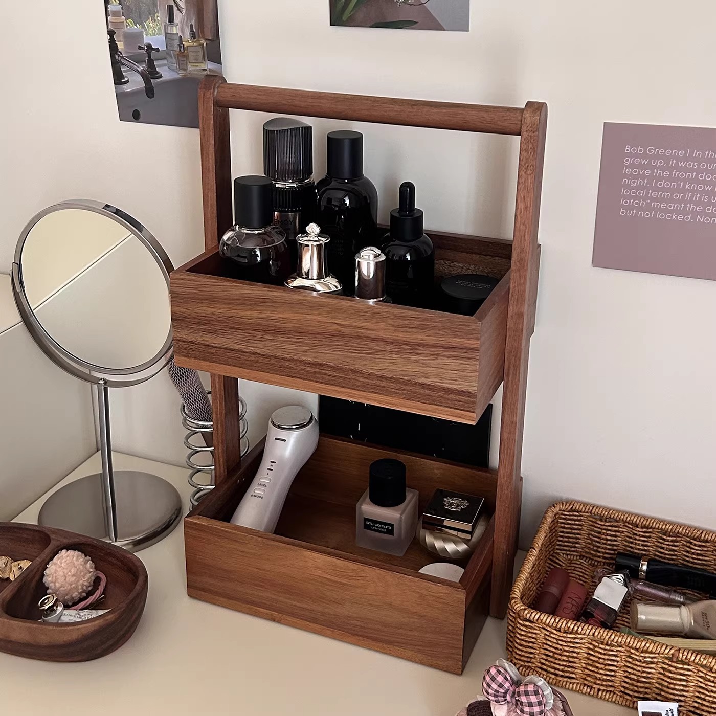 Doble capa de madera sólida estante de cosméticos cajas de almacenamiento de comodidad de alta calidad exquisita mesa de almacenamiento estante de exhibición