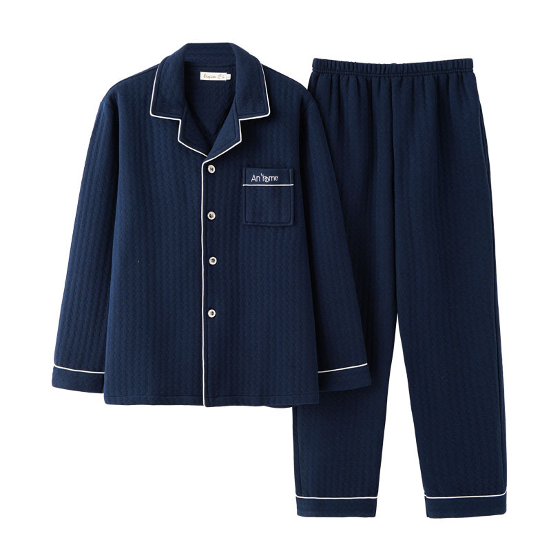 New Style Pure Cotton Three-Layer Thickeneded Sandwich Thin Quilted Air Cotton Men's Pajamas Autumn and Winter Home Wear Set