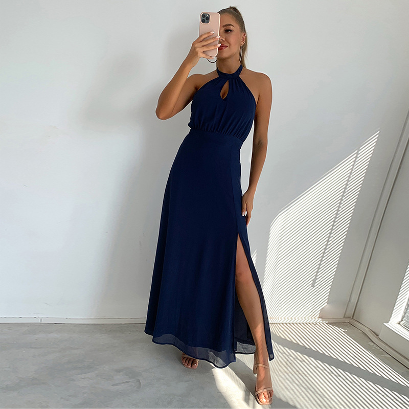 dark blue sleeveless slit halterneck  lace-up hollow dress NSJLL117654