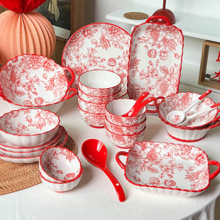 Festive Home gift Rose Queen New Chinese household festive wedding red tableware Rice Bowl Noodle Bowl plate meal