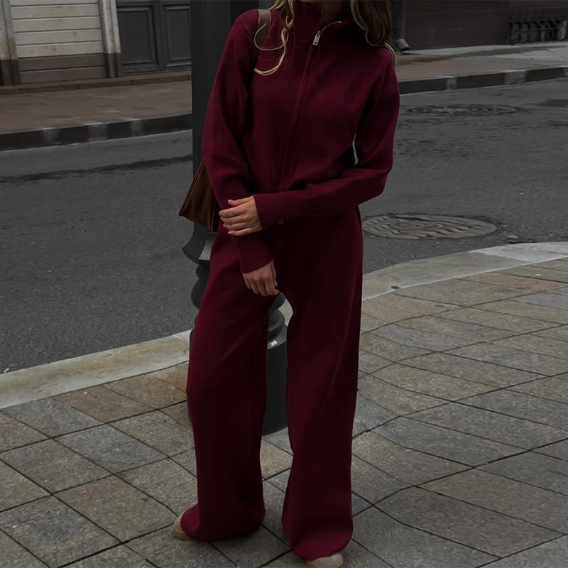 欧美跨境女装2025秋冬新款休闲双拉链针织开衫系带阔腿长裤套装|undefined