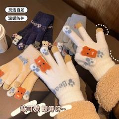冬季加厚保暖触屏五指毛线手套可爱卡通女款秋冬骑行防寒手套批发