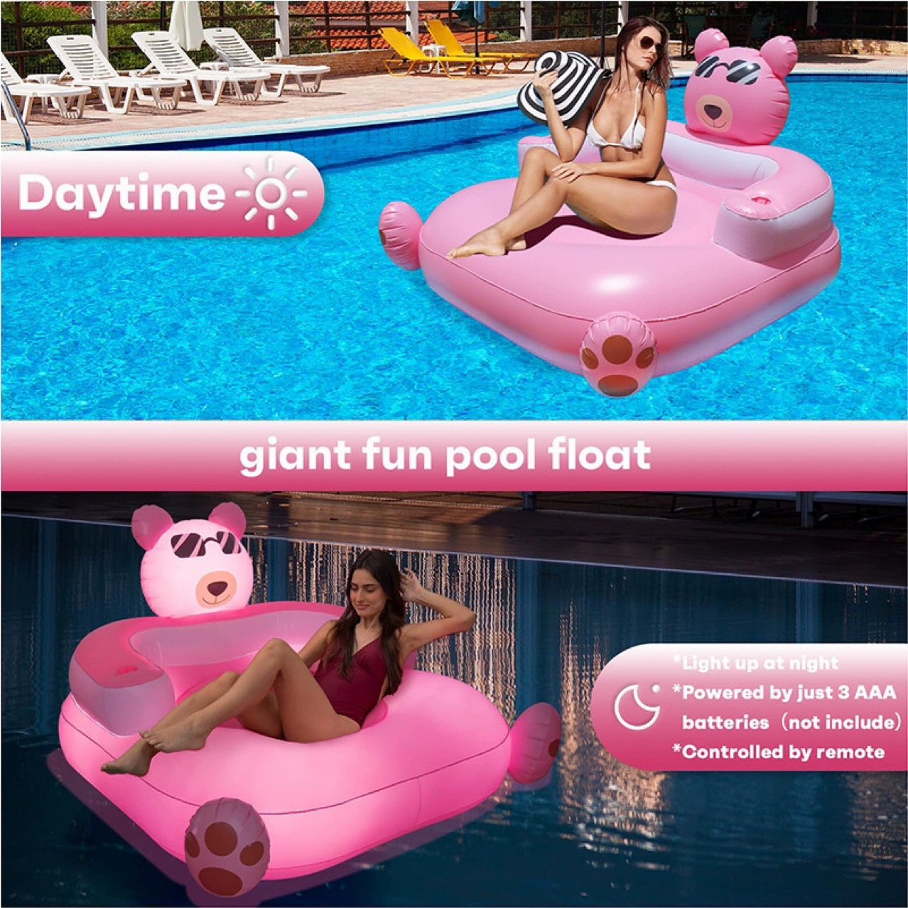 Взрыв надувной розовый медвежонок плавающий водяной шезлонг светящийся светодиодный водонепроницаемый бассейн утолщение