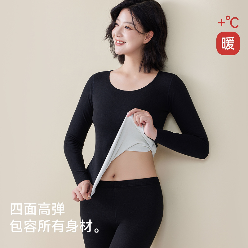Conjunto de ropa interior térmica de terciopelo sin costuras de otoño e invierno, traje de manga larga engrosado y caliente para mujer, conjunto de ropa de otoño y pantalones largos