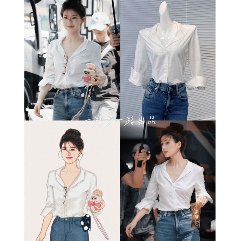 Zhao Lusi Xu I Dazzling Xu Yan Same White V-neck Chic Shirt Loose Workplace Commuter All-match Top for Women