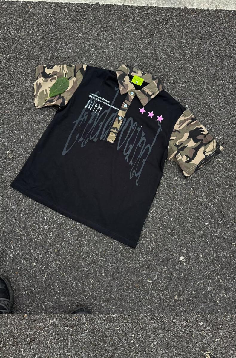 Men's Clothing Men's Hip Hop Camouflage Patchwork Collared Short Sleeve T-Shirt Trendy Streetwear Loose Fit Casual Five Quarter Sleeve For Couples_viptrois.com