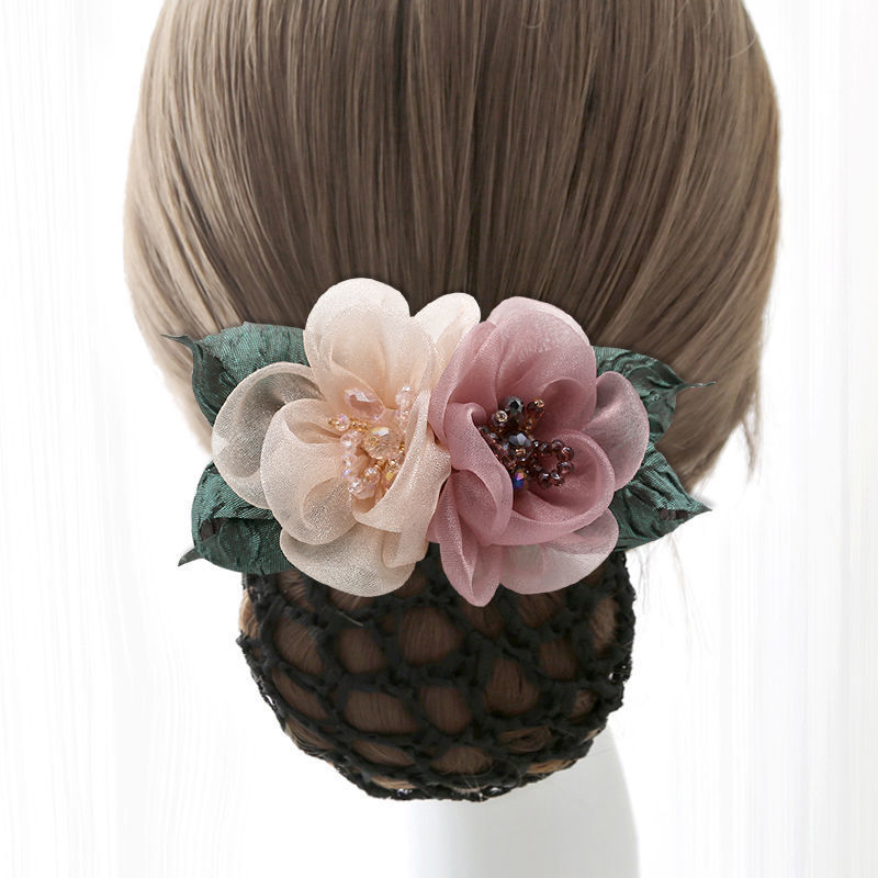 Net hair accessory for women, floral color-blocked spring hair clip, professional Korean style, suitable for bank and hotel work, for tying hair into a bun at the back of the head