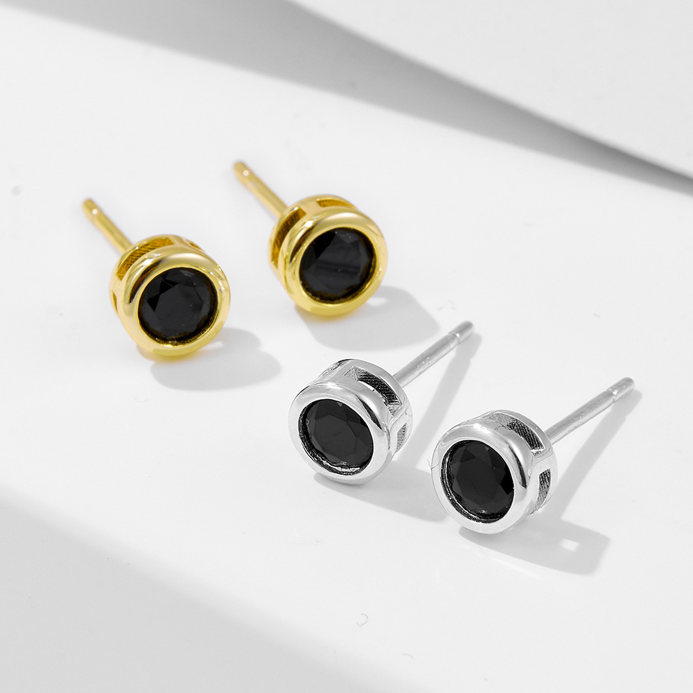 Pendientes de circón negro redondo geométrico clásico de plata de ley s925 Pendientes de todo fósforo de nicho de personalidad simple europea y americana
