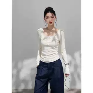 温柔蕾丝假两件长袖T恤女春秋季亨利领设计修身收腰内搭打底上衣