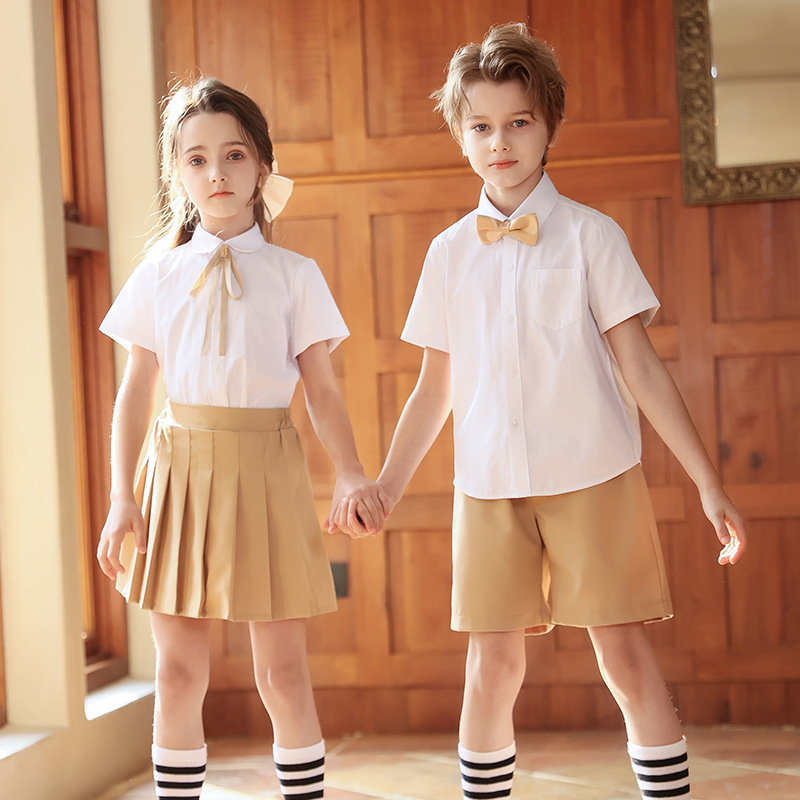 Traje de actuación de coro para niños, traje de camisa blanca de manga corta para niños y niñas, uniforme escolar de escuela primaria y secundaria, uniforme de jardín de infantes, uniforme de clase