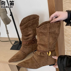牛皮版内增高小个子堆堆靴粗跟尖头骑士靴中筒靴西部牛仔靴时装靴