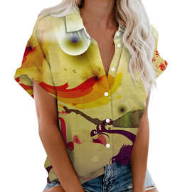 亚马逊 新款女士潮牌短袖衬衫3D数码印花宽松开衫夏季休闲衬衫