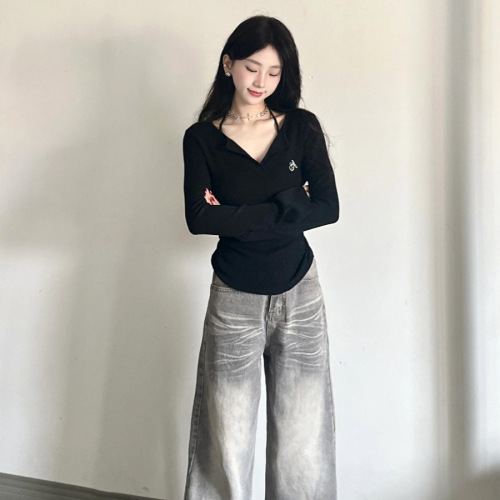 Black Sweet Pepper V-Neck Sunscreen Long-Sleeve T-Shirt for Women Autumn/Winter Innerwear Fitted Small Figure Waist-Trimming Short-Sleeve Base Top