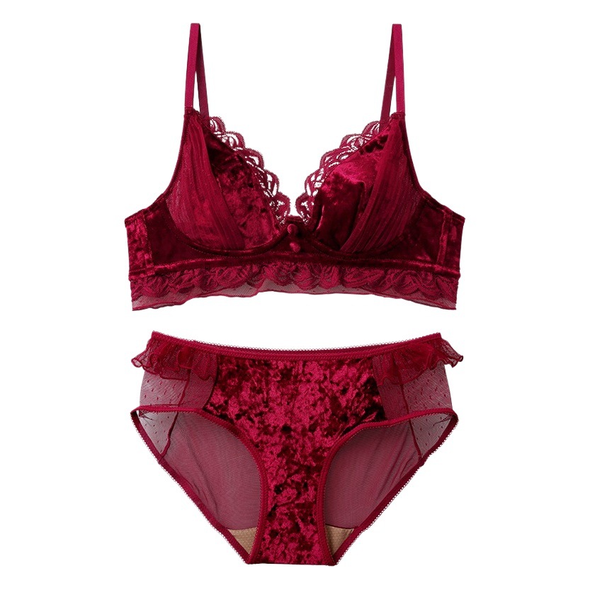 Ropa interior de terciopelo sujetador de la boda de las mujeres push up encaje inalámbrico año de nacimiento nupcial sujetador rojo traje 6760