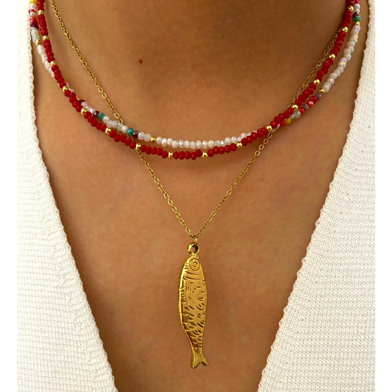 Fashionable Dopamine-Colored Acrylic Bead Stainless Steel Fish Necklace with Unique Design for Women, Summer Fashion