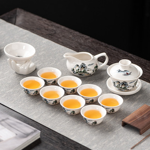 Kung Fu Tea Set for Home Use, Ceramic Tea Cups, Jade Porcelain Office Tea Cups, Three-Piece Gaiwan, Company Gift
