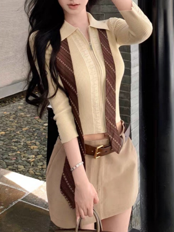 老钱频道米杏色拉链坑条开衫修身翻领短款针织上衣|undefined
