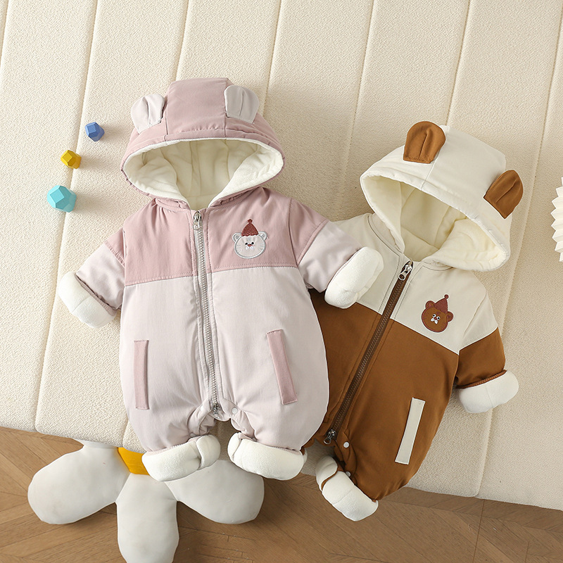 Nuevo bebé bebé de una pieza más chaqueta de terciopelo más algodón traje de salida para hombres y mujeres bebé invierno grueso con capucha traje
