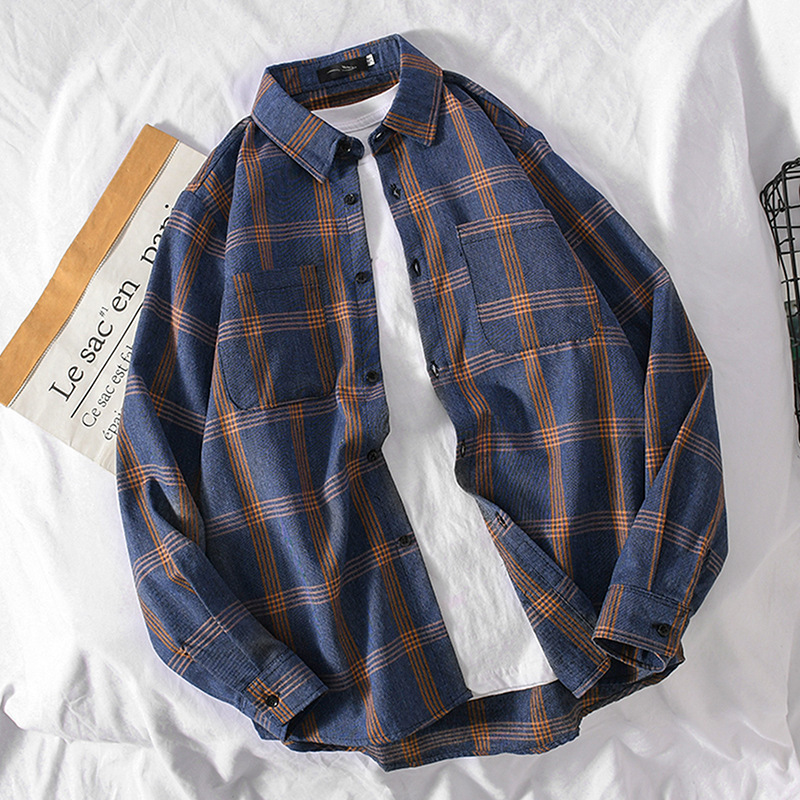 Spring New Hong Kong style shirt men's plaid long-sleeved shirt Korean lapel cardigan coat men's clothing wholesale