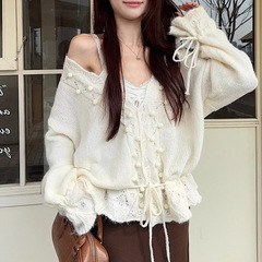 慵懒风宽松镂空钩花V领毛衣女2025早秋韩系设计抽绳下摆针织开衫