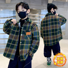男童加绒加厚衬衫外套冬款2024新款儿童上衣男孩格子保暖衬衣批发