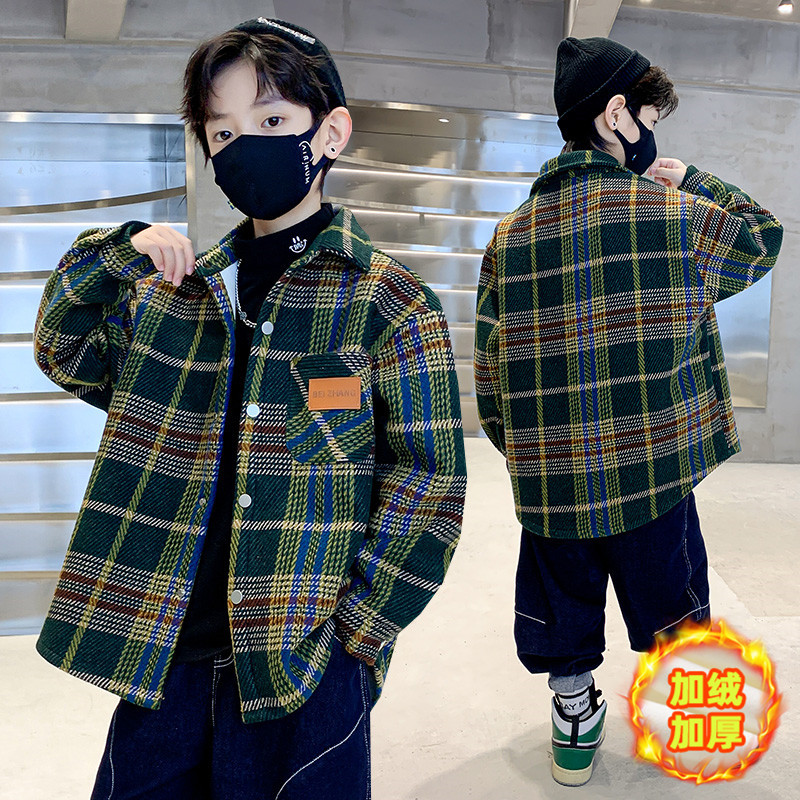 男童加绒加厚衬衫外套冬款2024新款儿童上衣男孩格子保暖衬衣批发