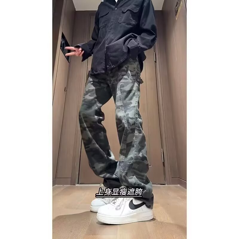Vaqueros de camuflaje de marca de moda americana para hombres y mujeres, monos rectos de primavera y otoño, pantalones casuales anchos