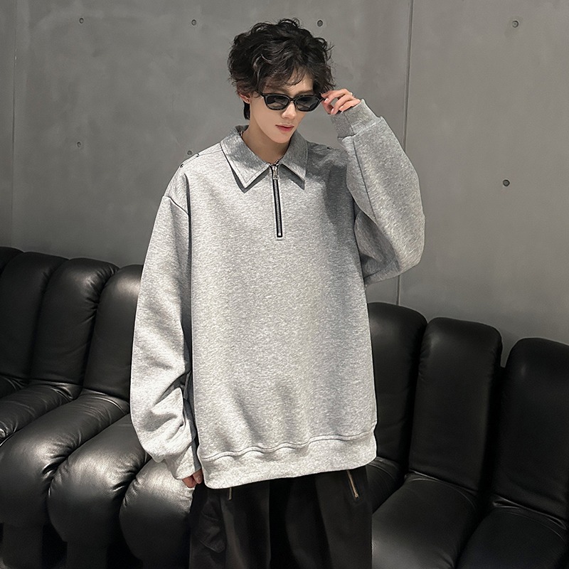 Primavera y otoño, camiseta negra de manga larga con remaches de alta calidad, chaqueta de media cremallera, camiseta universal para hombres