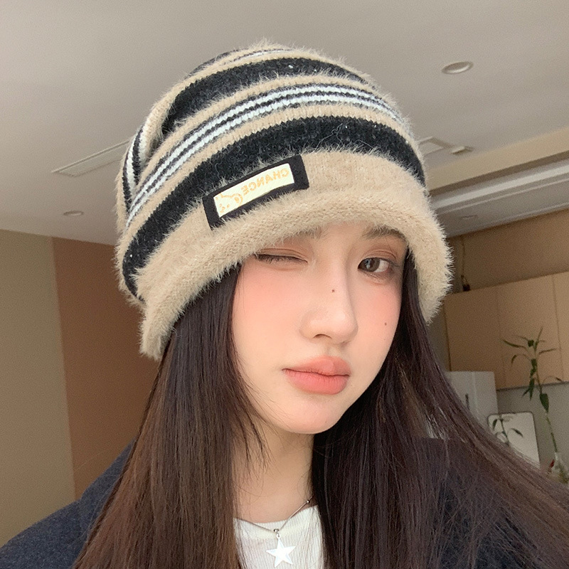 韩版秋冬帽子女款条纹针织帽大头围显脸小堆堆帽百搭保暖防风冷帽|undefined