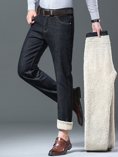 Lamb's wool men's high-end jeans mid-rise comfortable loose straight-leg business pants middle-aged national trend embroidered pants