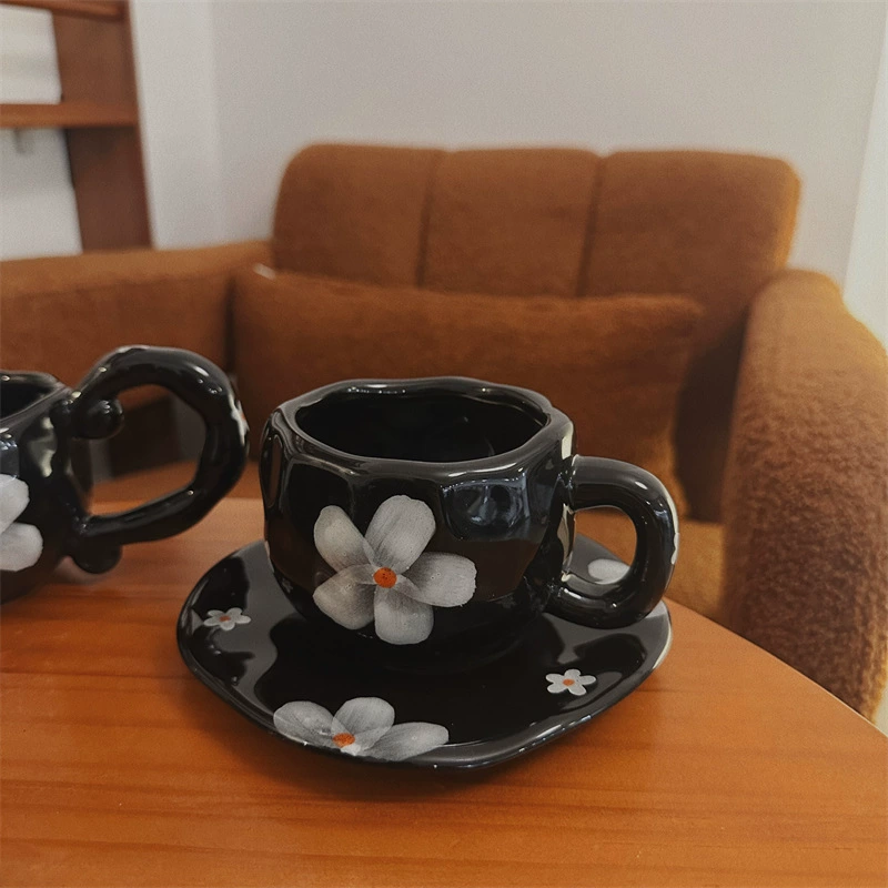 Ceramic coffee cup set INS Japanese retro, hand-painted irregular saucer, vintage style