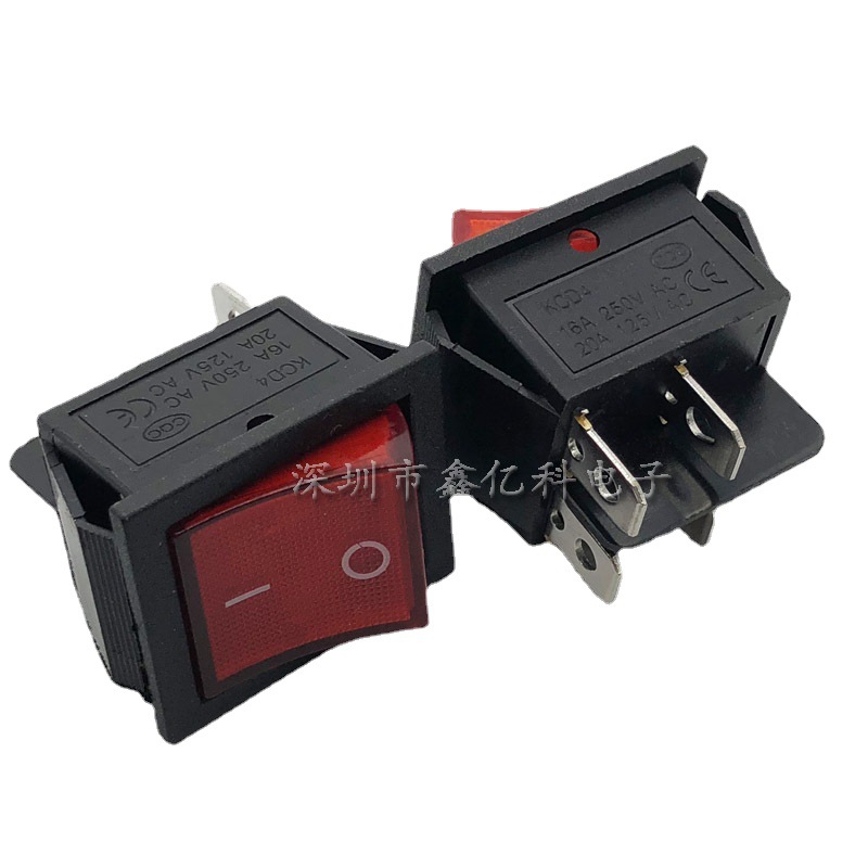KCD4-201四脚红色带灯 25x31mm四脚两档 按钮电源翘板开关 4脚2档