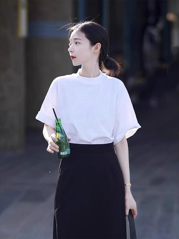 撞色圆领短袖T恤女渐变四叶草夏季薄款透气宽松减龄百搭休闲上衣|undefined
