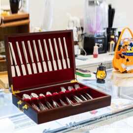 刀叉盒便携金属提手多层刀盒多功能实木盒储物盒高端内衬银器盒