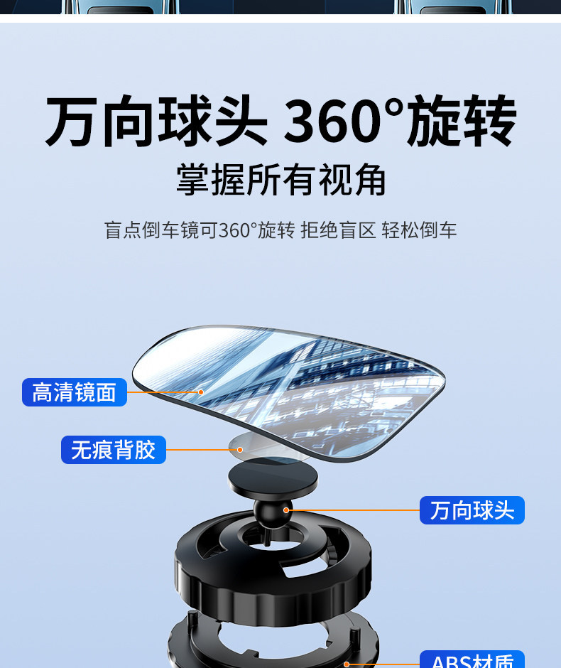 Car Rearview Mirror Small Round Mirror Blind Spot Reversing Ultra-Clear Auxiliary Reflective Mirror 360-Degree Panoramic Wide-Angle Suction Cup Type