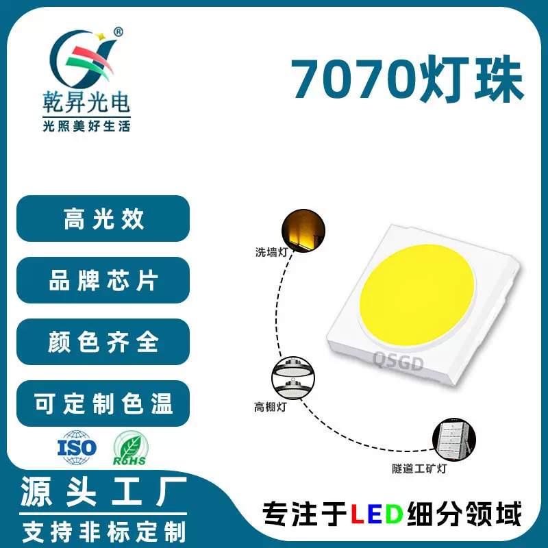 7070led白光灯珠大功率1W2W3W单色红蓝黄橙绿金黄紫光LED贴片灯珠