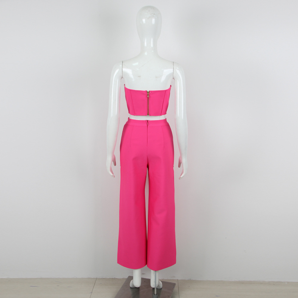 Autumn Summer Women Clothes Sexy Rhinestone Hollow Out Cutout Sheath Bandage Trousers Two Piece Set