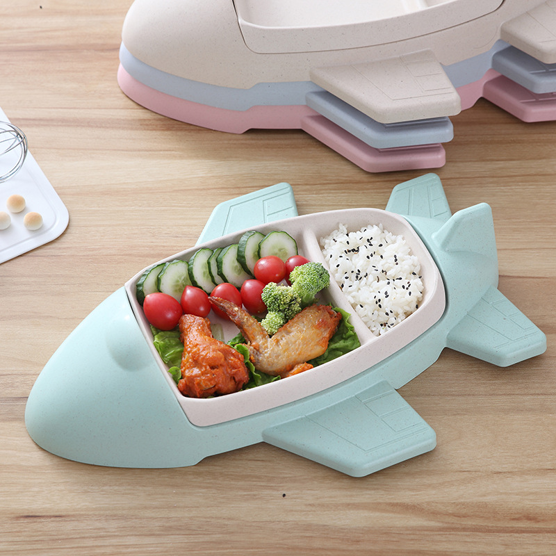 Creative Children's Dinner Plate, Bamboo Fiber Food-Grade Household Baby Food Plate, Cartoon Airplane Compartmented Tableware for Feeding