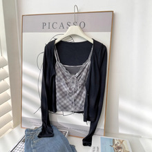十三行秋装新款韩系纯欲短款针织开衫女格子吊带背心两件套装6224