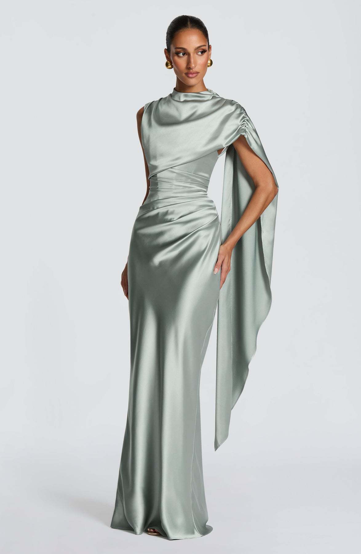 Women's Satin Turtleneck Dress With Ribbon Decoration For Evening_voghion.com