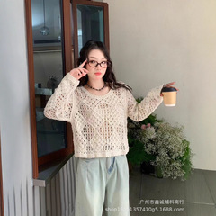 法式镂空纯色套头针织衫女春夏季韩版休闲慵懒风宽松薄款上衣