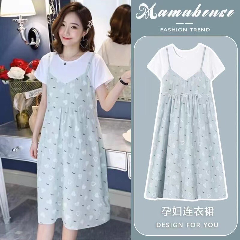 Maternity Dress Korean Style Summer and Autumn New Pregnant Mommy Skirt Loose plus size Mid-length Fake Two-piece Over-knee dress