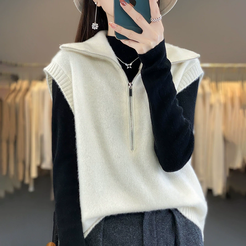 Завод оптом 2024 новый 100 шерстяной жилет с полумолнией с высоким воротником женский новый темперамент сплошной цвет без рукавов
