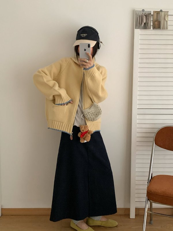 韩系温柔风撞色边毛衣外套女秋上新宽松百搭翻领针织开衫简约女装|undefined