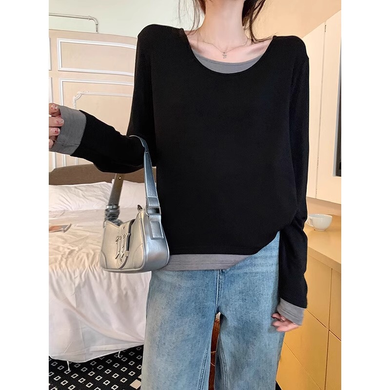 胖MM显瘦宽松假两件内搭长袖上衣女2025秋季设计感撞色拼接打底衫|undefined