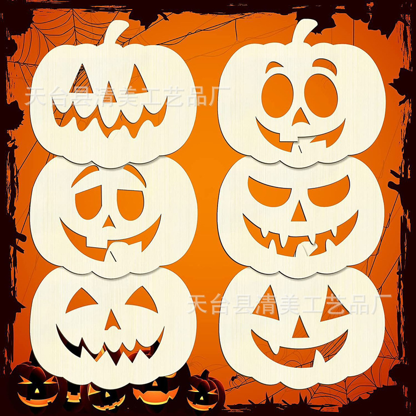 Seis piezas de madera de Halloween decoración de dibujos animados mueca calabaza pintura de piezas de madera cara sonriente artesanía de madera de bricolaje