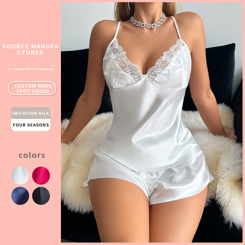European and American Style Ice Silk Silk Pajamas, Feminine Lace Suspender Shorts Suit, Home Wear, Summer Imitation Silk Nightgown