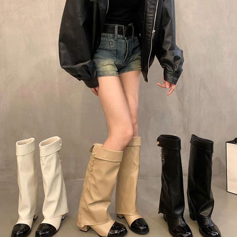 New High-Heeled Round-Toe Color-Blocked Riding Boots for Women, Stylish Chunky Heel Knee-High Boots
