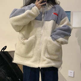 羊羔毛卫衣外套女韩版原宿BF拼色宽松学生开衫保暖大衣加绒加厚潮